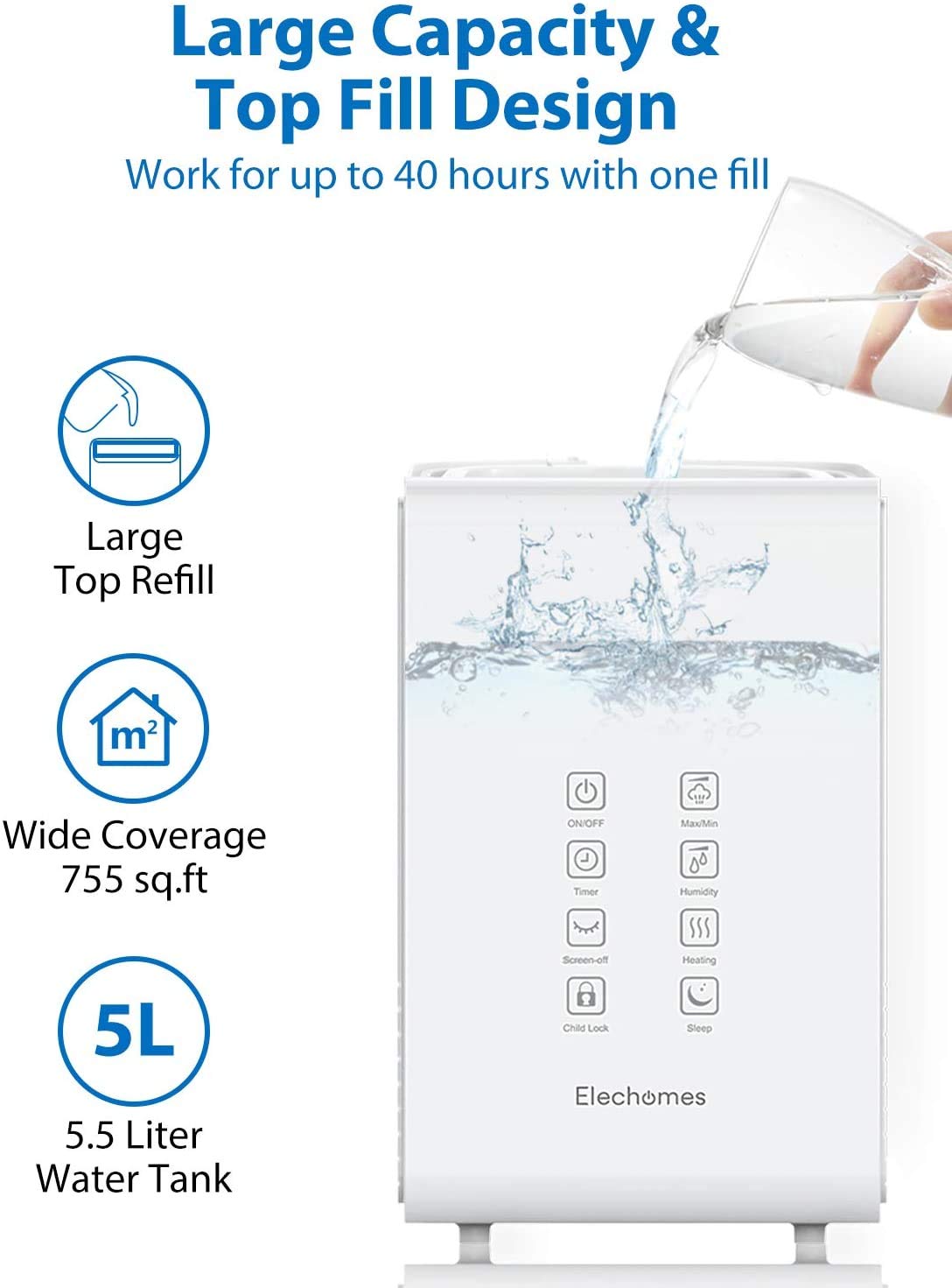 Elechomes Warm and Cool Mist Humidifiers, SH8820 Top Fill 5.5L