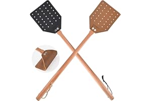 2 Pcs Leather Fly Swatter with Wood Handle, Durable Heavy Duty Fly Insects Catcher for Indoor Outdoor, Wooden Design Fly Kill