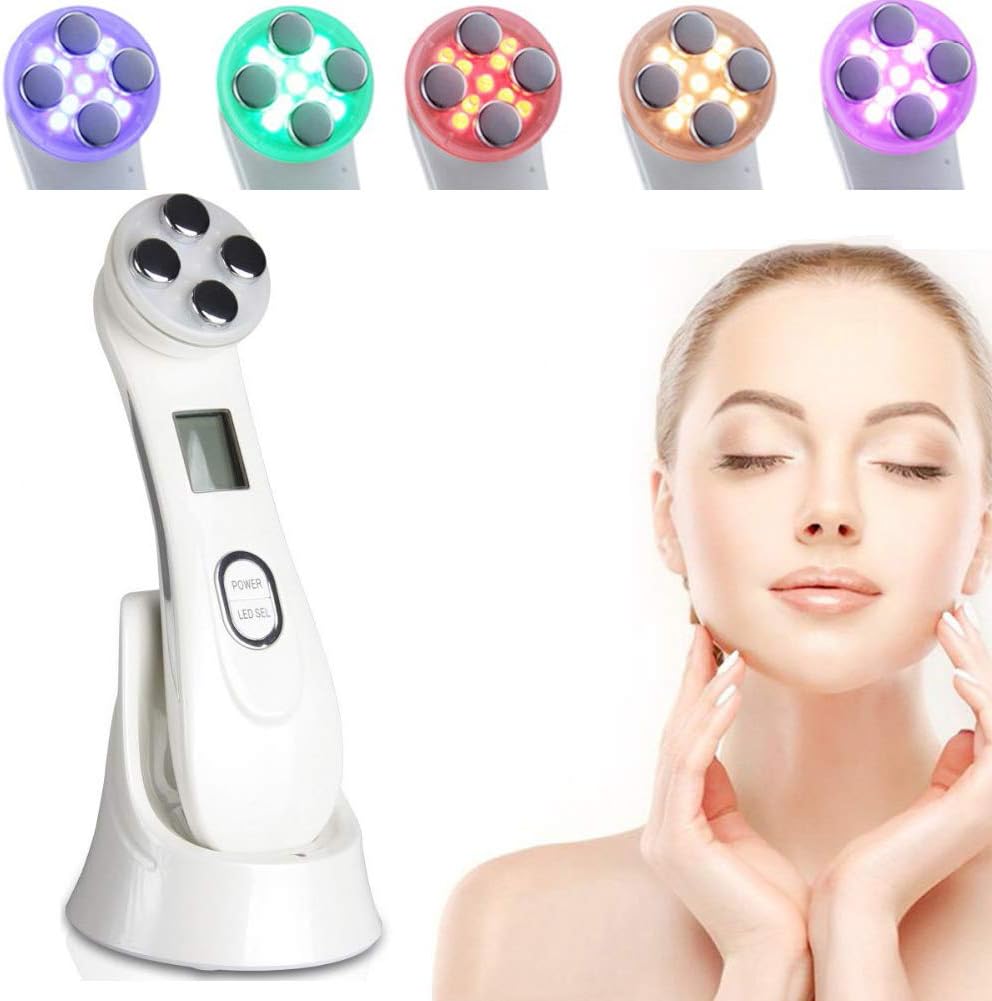 YXYOL 6 in 1 RF Machine EMS Face Massger,Skin Rejuvenation Face Lifting Tighten Massage Beauty Machine 5 LED Photon Colors Light Radio Frequency Skin Deep Cleanse Vibration Beauty Tools