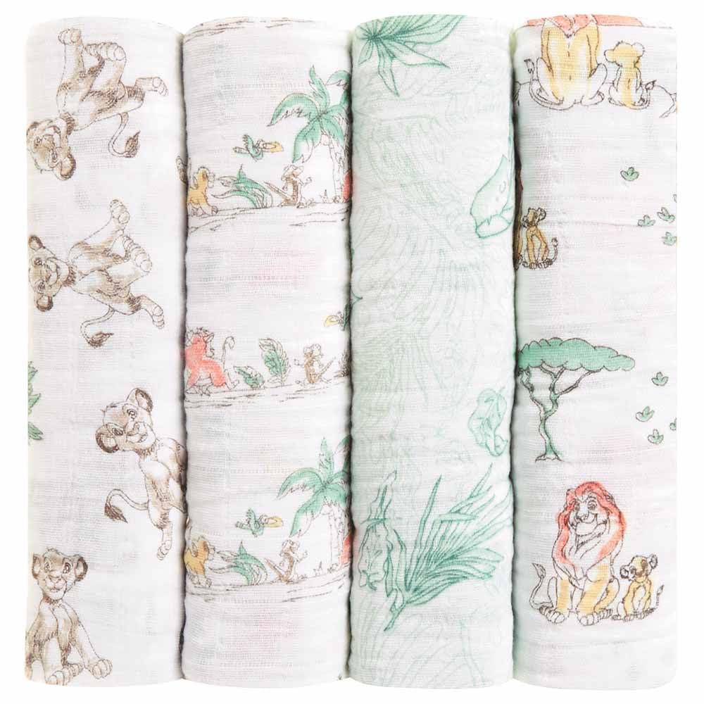 aden + anais 100% cotton Muslin Swaddle & Receiving Blankets for Baby Girls & Boys, 120x120cm, Ideal Newborn & Infant Swaddling Wrap Set, Perfect Shower Gifts, 4 Pack, Disney baby - The Lion King