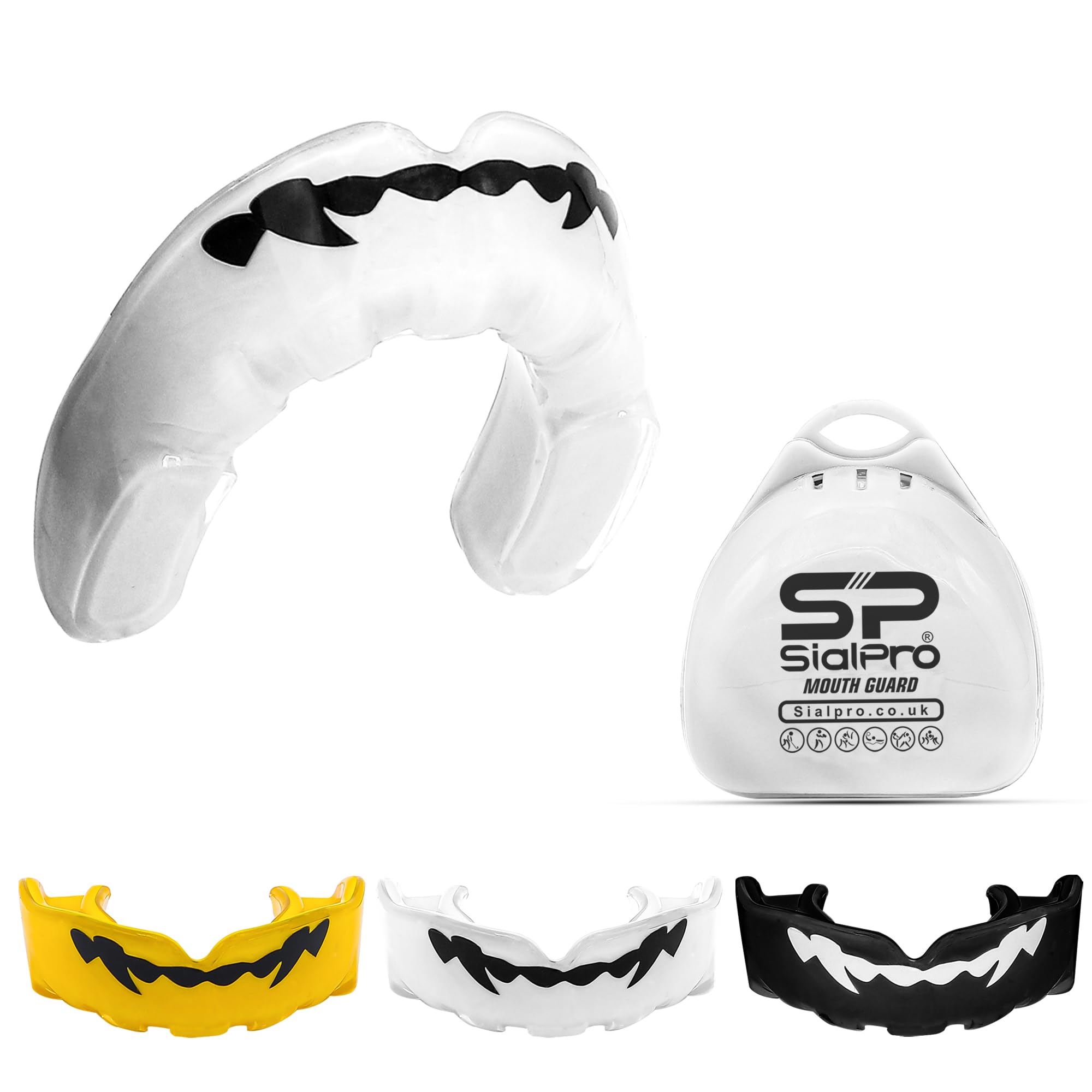 SialPro Mouthguards for Boxing Men Adult Youth Junior Mouldable Slim Fit Mouthpiece Boil and Bite Gum Shield with Case MMA Hockey Rughby Basketball Martial Arts Judo Karate (White, Senior)