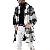chouyatou Men's Casual Notched Collar Plaid Single Breasted Wool Blend Formal Trench Top Coat