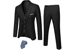 Hihawk Men's 3 Piece Suit with Stretch Fabric, Solid Slim Fit One Button Suit Blazer Set, Jacket Vest Pants with Tie.
