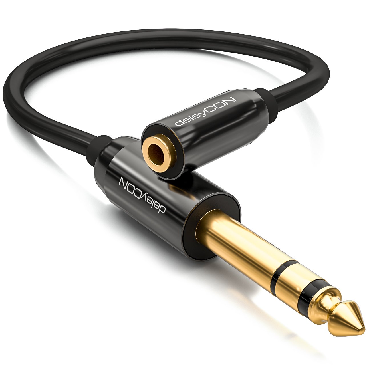 deleyCON 0.2m (7.87 Inch) Stereo Audio Jack Adapter Cable - 6.3mm Jack Connector to 3.5mm Jack Socket - Gold-Plated Jack Plug & Socket - Black