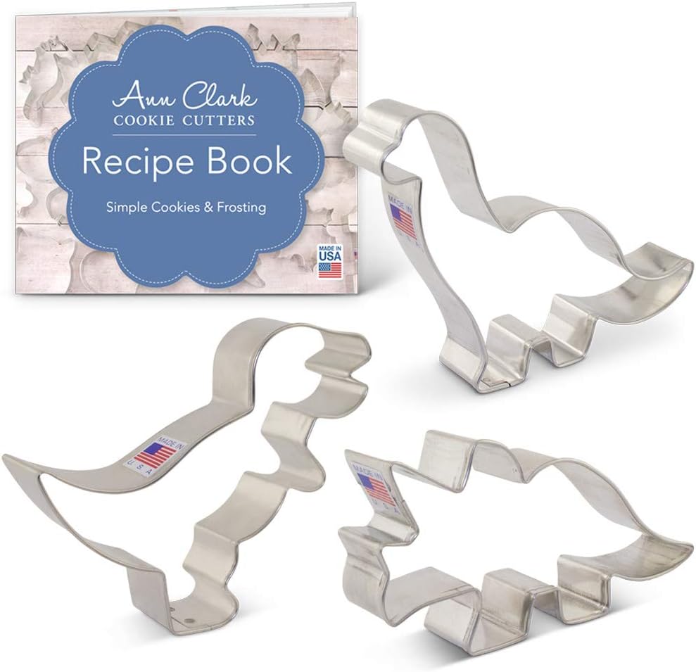Ann Clark Cookie Cutters 3-Piece DinosaurCookie Cutter Set with Recipe Booklet, T-Rex, Brontosaurus and Triceratops