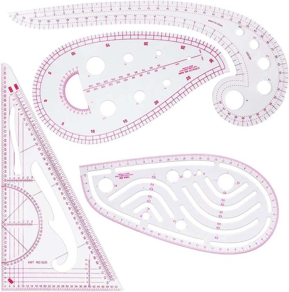 Kleidungs-Lineal, 4 Stück, französisches, metrisches Lineal, Kunststoff, gewölbt, Staffelungslineal, zum Nähen, Schneidern, für Muster, Zeichnung, als Schablone, Mehrzweck-Schneidelineal