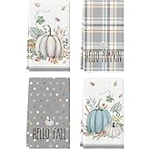 Artoid Mode Grey Watercolor Stripes Hello Pumpkin Fall Kitchen Towels Dish Towels, 18x26 Inch Seasonal Leaves Decoration Hand Towels Set of 4