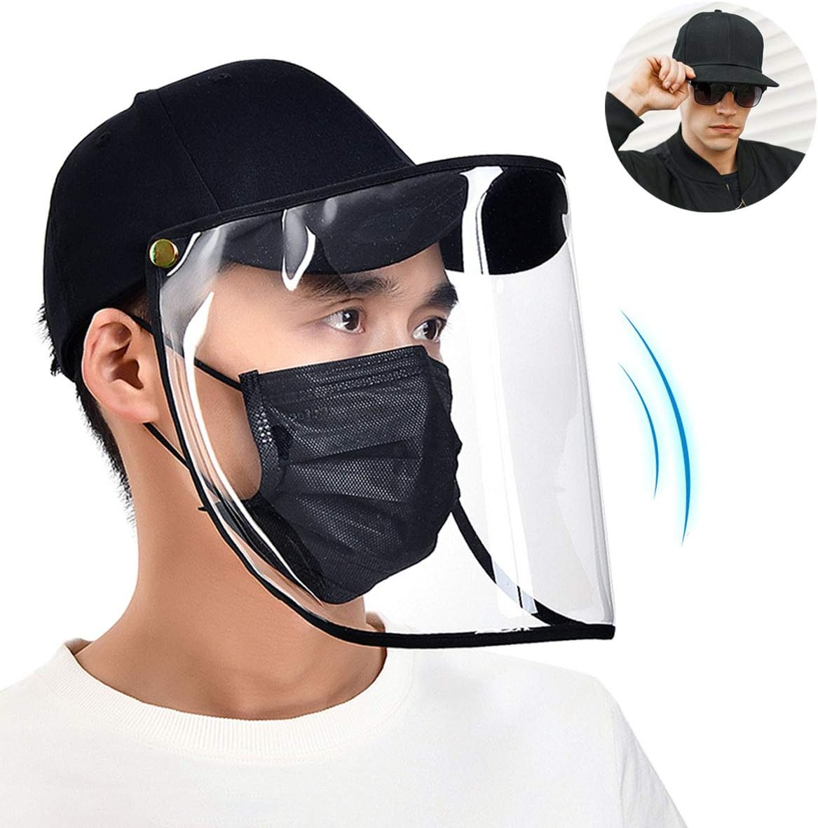 Baseball Cap With Face Protection - Full Face Protective Hat, Unisex Cap with Removable Visor Shield Dustproof for Man/Women/Kids 2020 Newest (Adult-black)