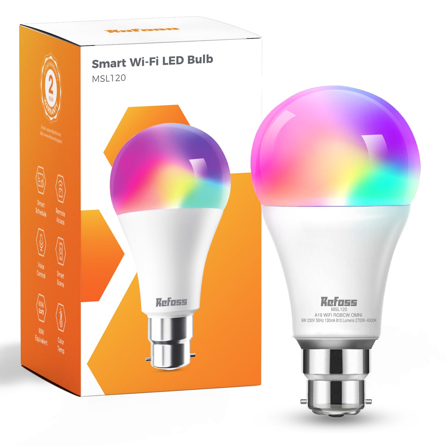Refoss Smart Light Bulb b22 Bayonet WiFi Led Bulb 9W with Colour Changing Light, 810LM Dimmable (Warm/Cool) Smart Bulbs Works with Alexa(Echo and Echo Dot), Google Home - 1 Pack