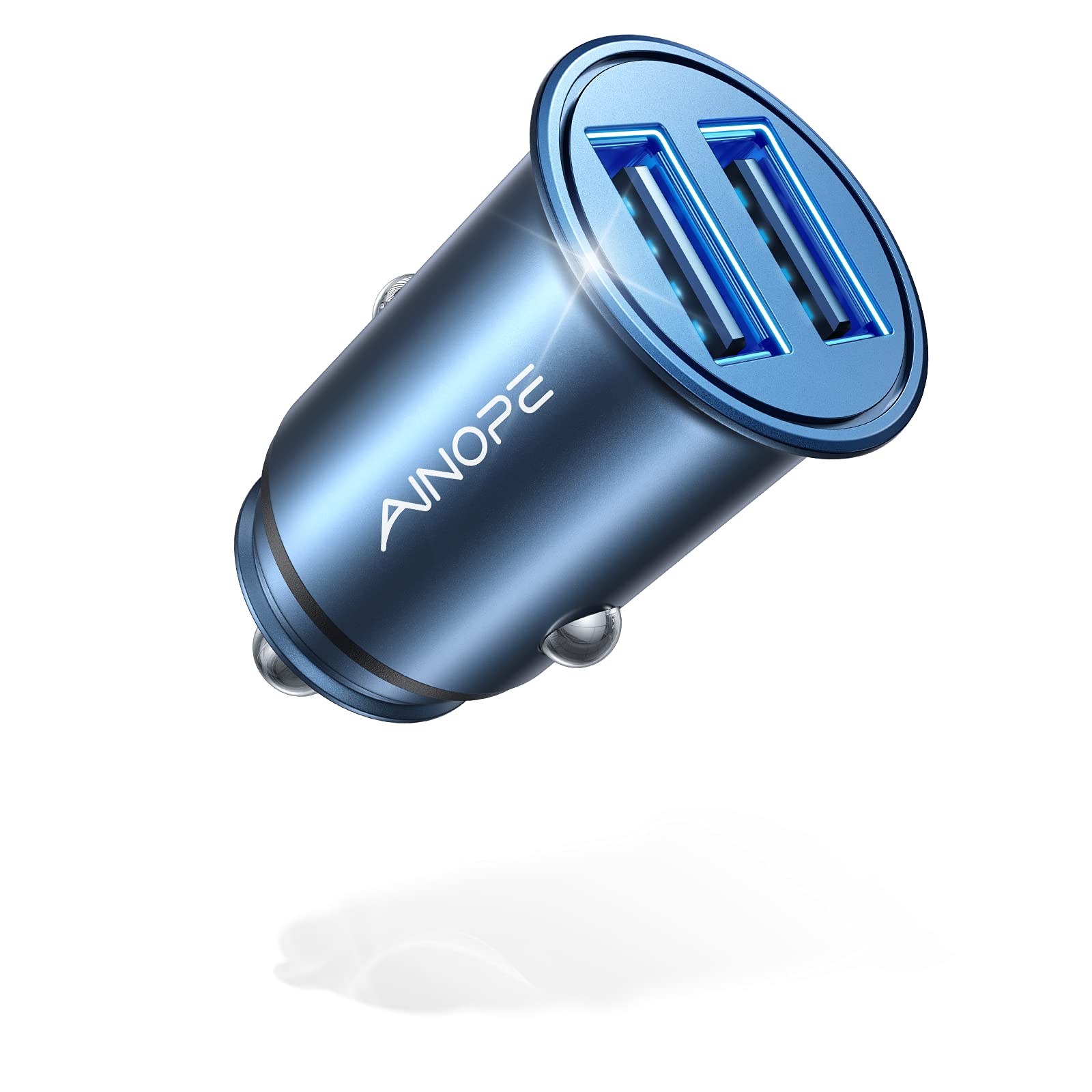 AINOPE Car Charger Adapter【Smallest Metal】 4.8A Cigarette Lighter USB Car Charger Adapter Dual Port 12V USB Outlet Flush Fit for iPhone 16 Pro Max/15/14 iPad Air Samsung Galaxy S25 S24 Ultra,Blue