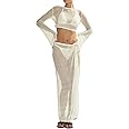 LANNEW Women's Swimsuits Cover Ups Set for Crochet Bathing Suit Hollow Out 2 Piece Bikini Coverup Beach Swimwear