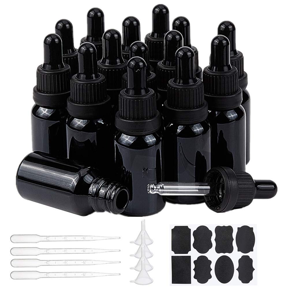 BENECREAT 15 PACK 15ml Black Glass Bottles with Dropper Pipettes Refillable Essential Oil Dropper Bottle with 8PCS Labels, 4PCS Hoppers and 10PCS Droppers for Aromatherapy Cosmetics