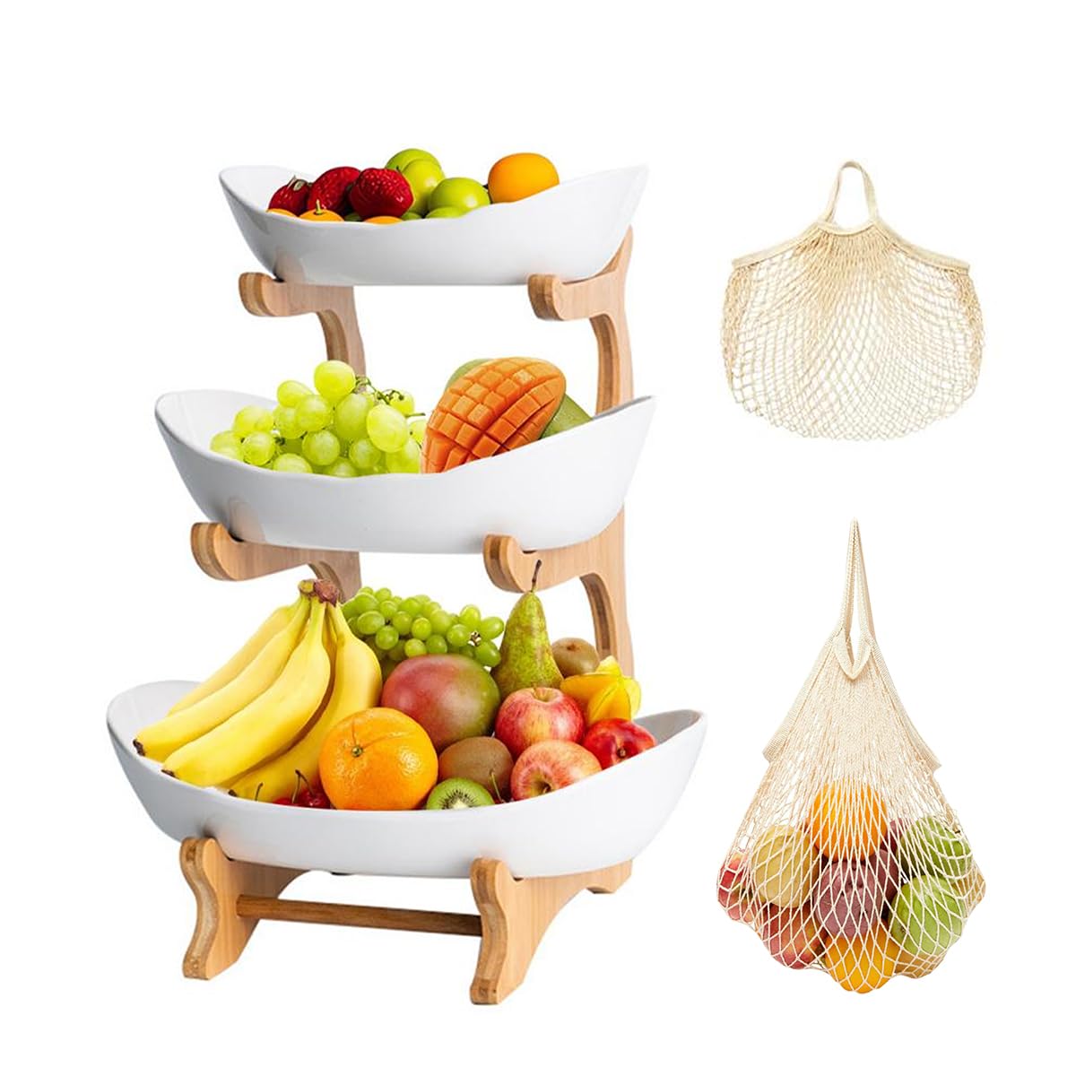 View 1 of 3 Tiered Fruit Bowl, Plastic Vegetable Storage with Bamboo Wood, Fruit Basket with Shopping Mesh Bags for Fruit Vegetable Storage Snack Party