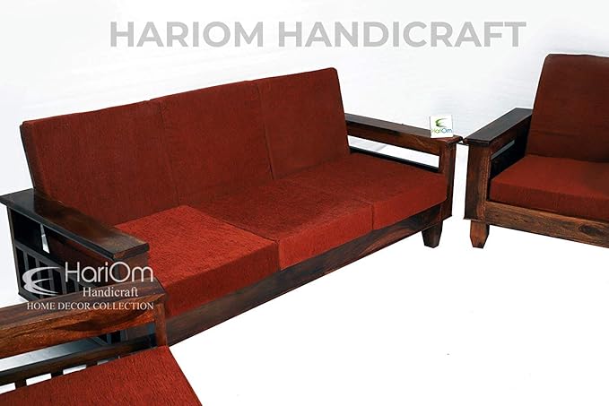 Hariom Handicraft KendalWood Furniture Solid Sheesham Wood 5 Seater Sofa Set with Cushions (3+1+1, Natural Brown Finish with Orange)