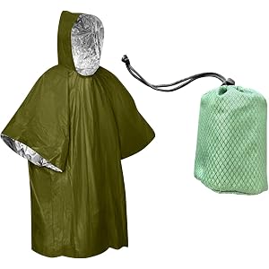 Emergency Hooded Rain Poncho with Integrated Carry Pouch, Waterproof Coating Ripstop Raincoat for Hiking Camping Fishing