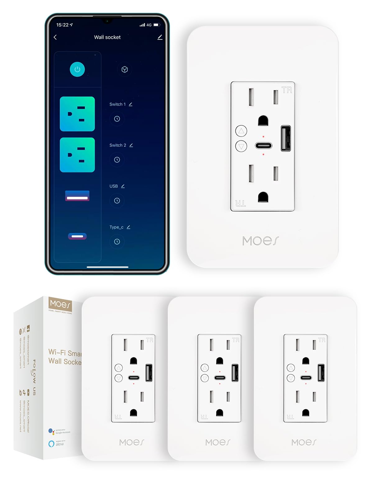 Photo 1 of MOES Smart USB Wall Outlet Receptacle with Type-C & Type-A Charger, 2.4GHz Wi-Fi in-Wall Plug Socket 4 Pack, Remote Individual Control On/Off 15Amp, NO Hub Required