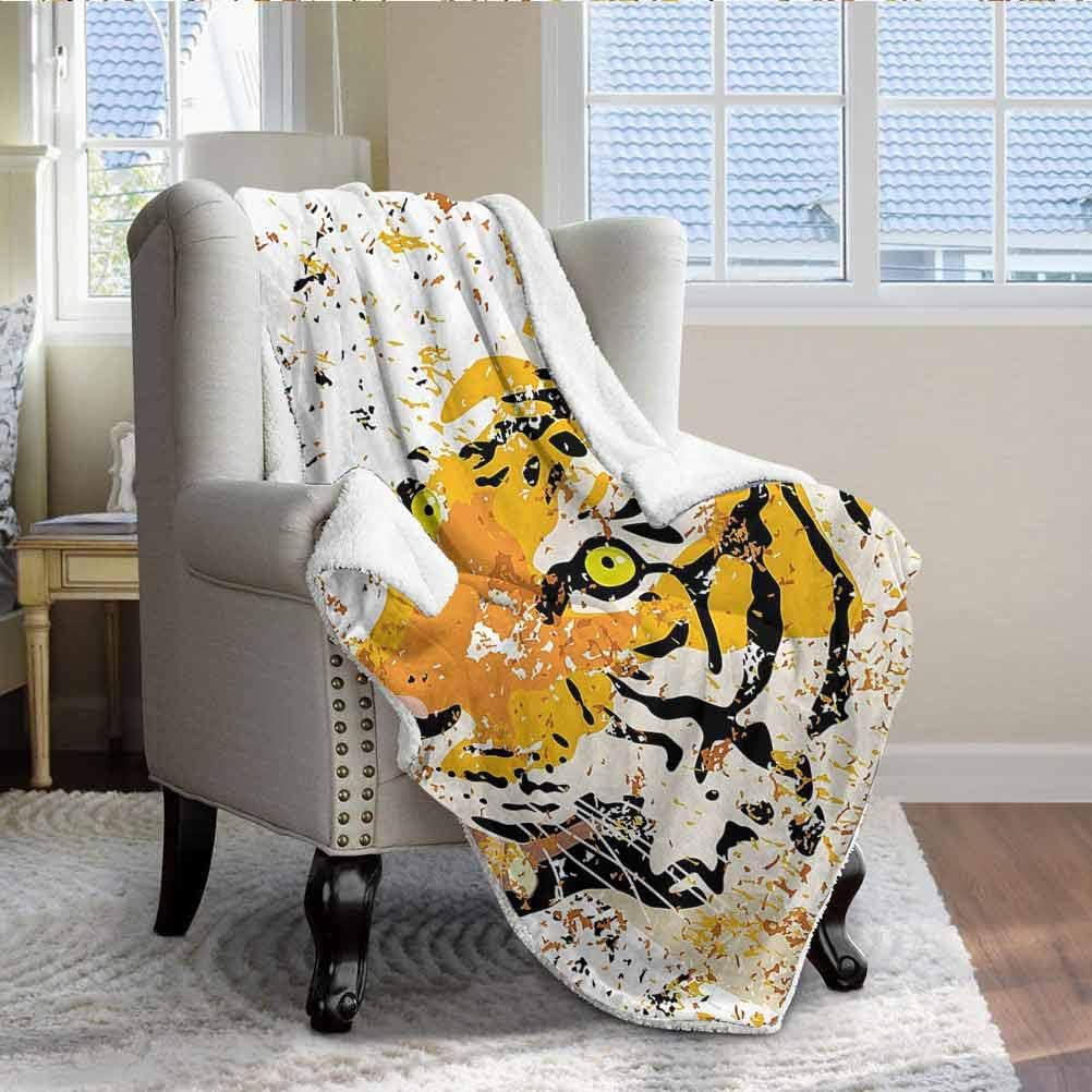 ParadiseDecor Animal Decor Homemade Sherpa Blanket Christmas Decorative Sherpa Throws Wildlife Theme Vector Illustration of a Tiger Portrait Grunge Style Illustration Orange 60