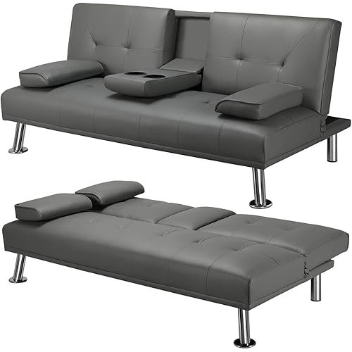 YAHEETECH Sectional Living Room Set Modern Divets Faux Leather Loveseat Reversible Futon Bed Convertible Recliner Folding Sleeper for Limited Space, 2 Cupholders, 772lb Capacity, Gray