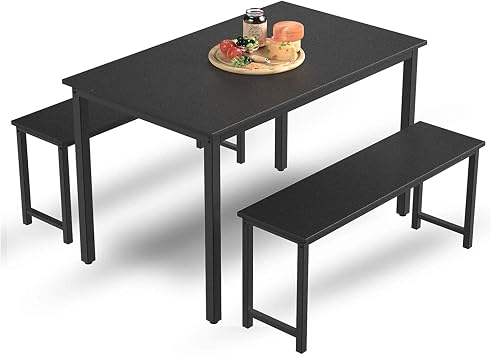 Amazon Com Dklgg 3 Pieces Dining Set Modern Kitchen Table And 2 Bench With Metal Leg For Small Space Home Black Table Chair Sets