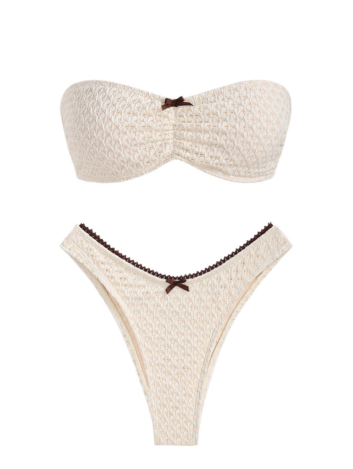 ZAFUL Women's Strapless Bikini Openwork Textured Bow Ruched Lace Up High Cut Bandeau Swimsuit Bathing Suits (0-a-Beige, M)