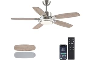 Hounberi 50inch Brushed Nickel Ceiling Fan with Light - Quiet Reversible DC Motor 5 Dual-Finish Blades Dimmable 3-Color LED for Bedroom Living Room Indoor
