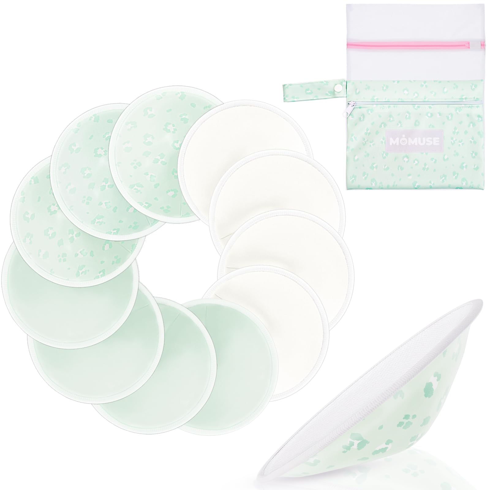 MOMUSE Reusable Nursing Pads 12 Pack,Soft 4 Layers Fabric & Super Absorbent Breathable Breast Pad,Portable Washable Nursing Pads for Breastfeeding Essentials,Waterproof Bag + Wash Bag