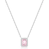 BYIA 925 Sterling Silver Pink CZ Pendant Necklace Emerald Cut Halo Cubic Zirconia Necklaces for Women Romantic Jewelry Simulated Pink Sapphire Elegant Gift for Her