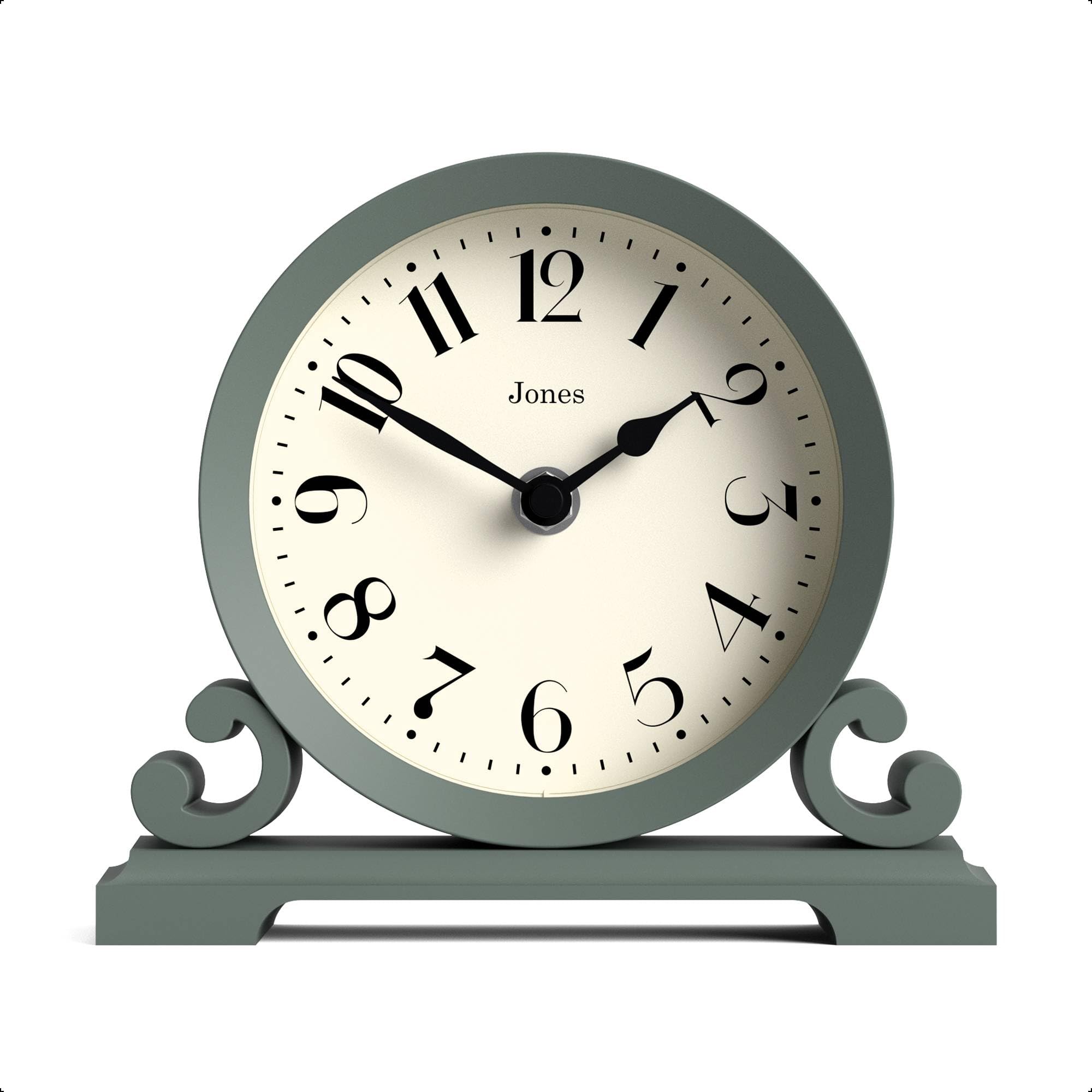 Jones Clocks® Saloon mantel clock | Small traditional double scroll design | Green | Contemporary classic style for desk, table, shelf or bedside