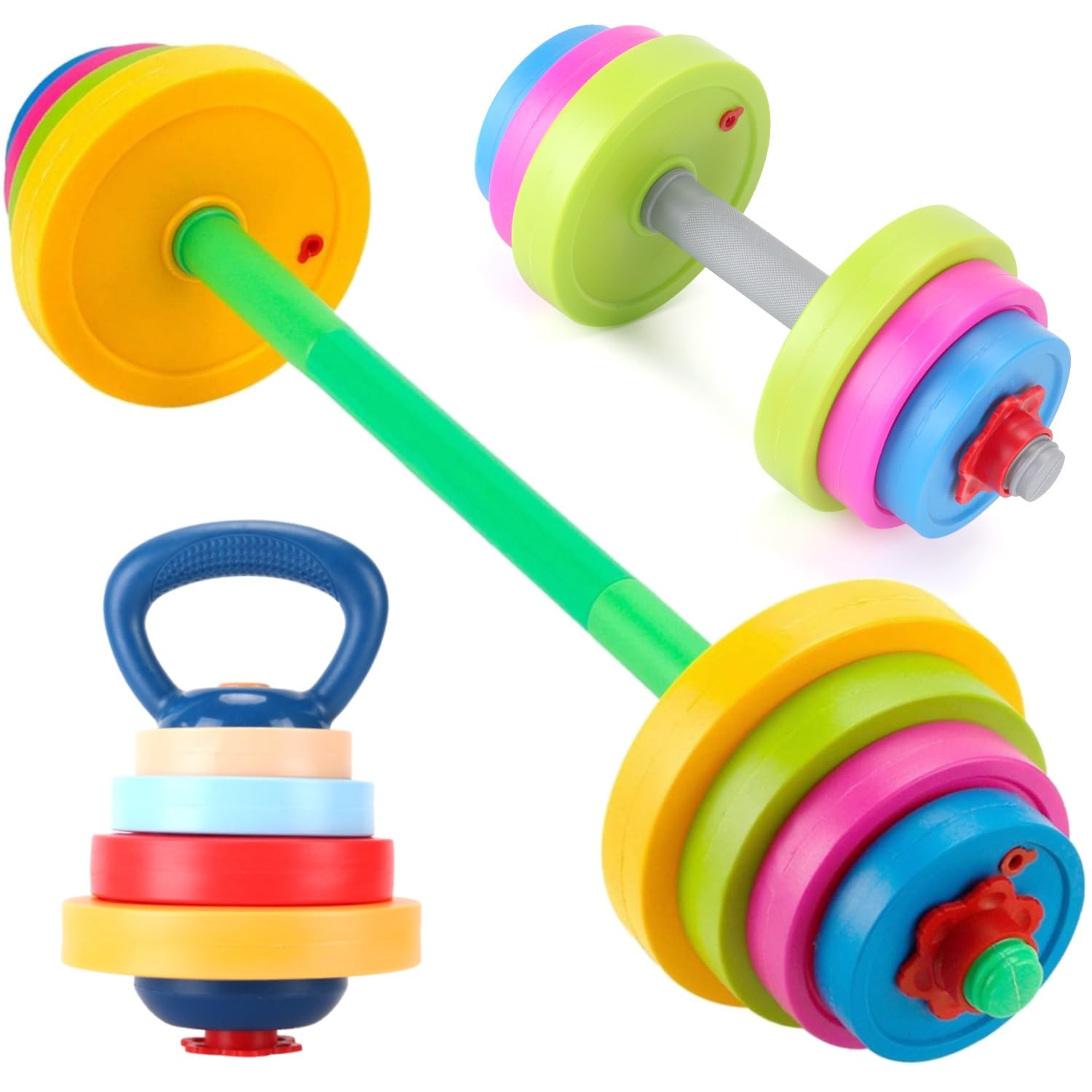 Photo 1 of Kids Exercise Weight Set - 3-in-1 Adjustable Workout Toy Equipment for Children Pretend Play Exercise - Toddler Beginner Gym, Fitness, Weightlifting and Powerlifting (Dumbbell, Barbell, Kettlebell)