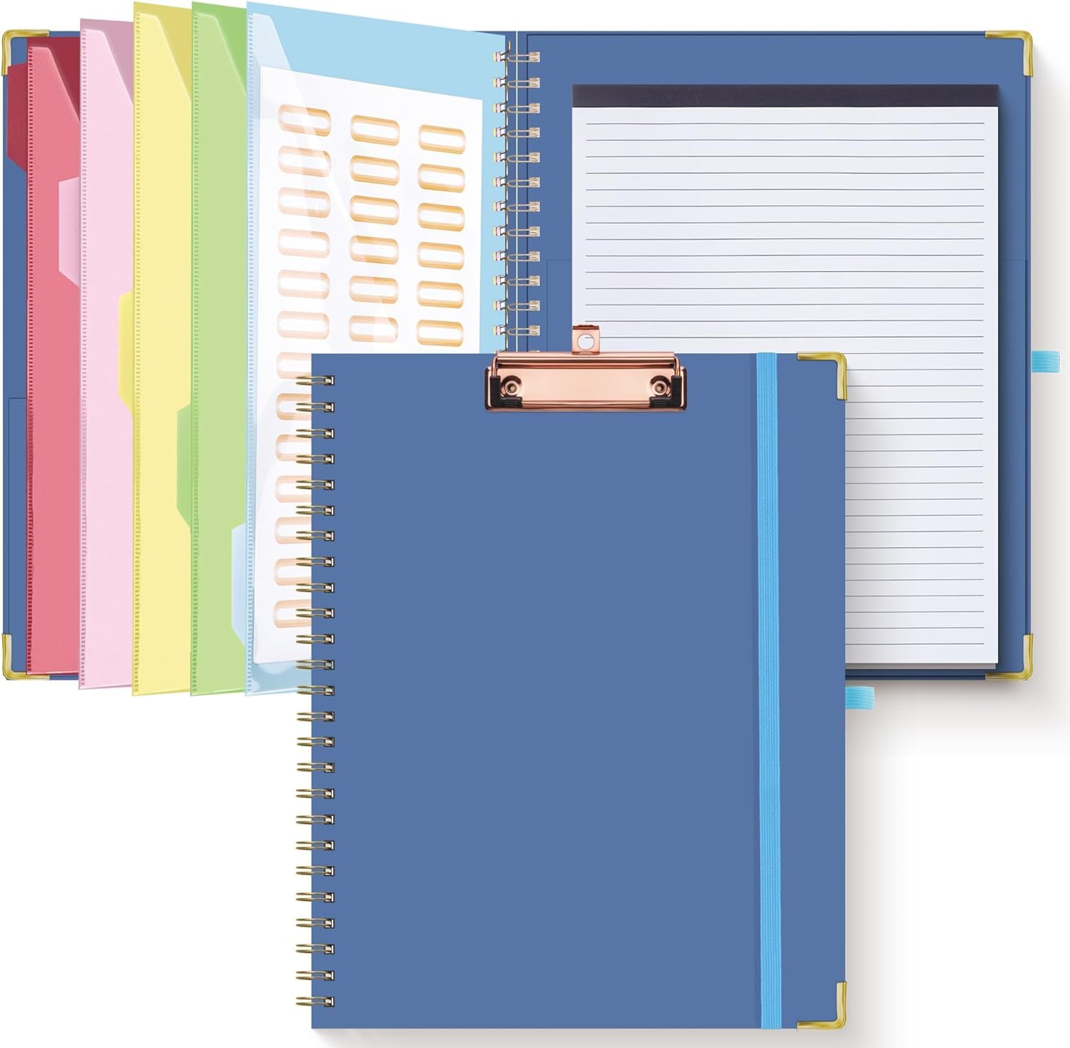 HAUTOCO Clipboard Folder with Replaceable Lined Notepad, Spiral Clipboard A4 with 5 Folder Dividers Storage Pockets, Nurse Pad Portfolio Organiser A4 Folio Clip Board for Office School, Dark Blue