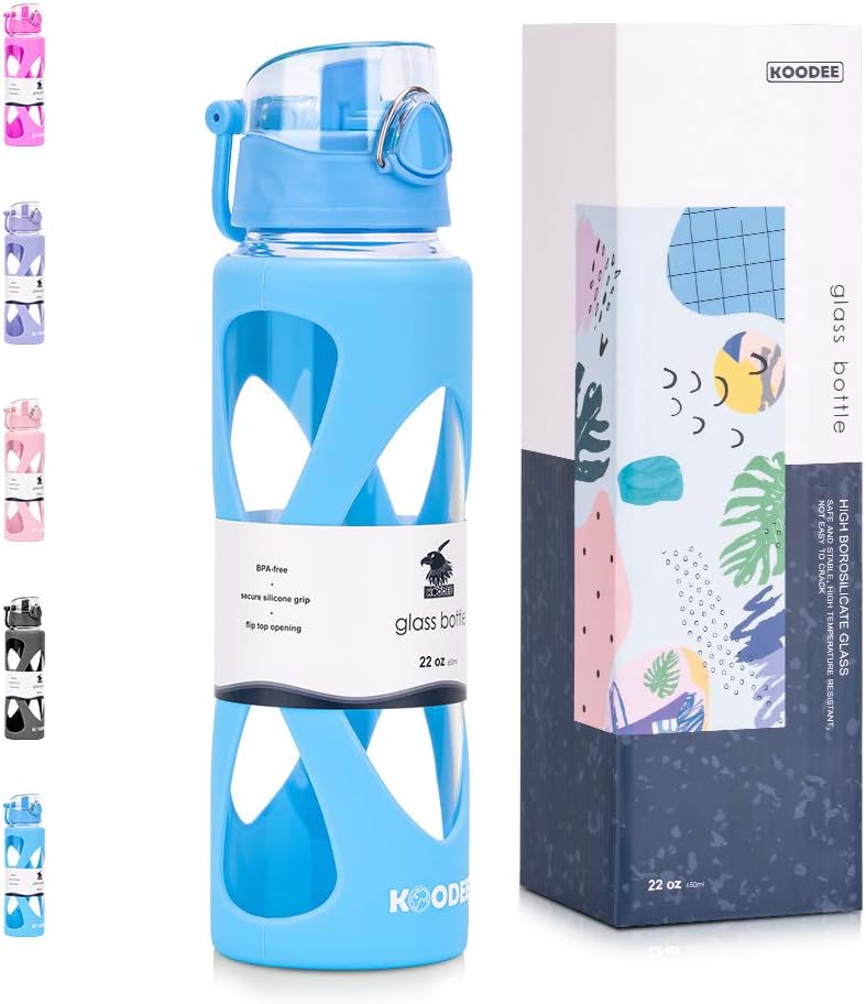 Koodee 22 oz glass water bottle with one -touch flip lid and protective silicone sleeve (Sky blue, 22 oz)