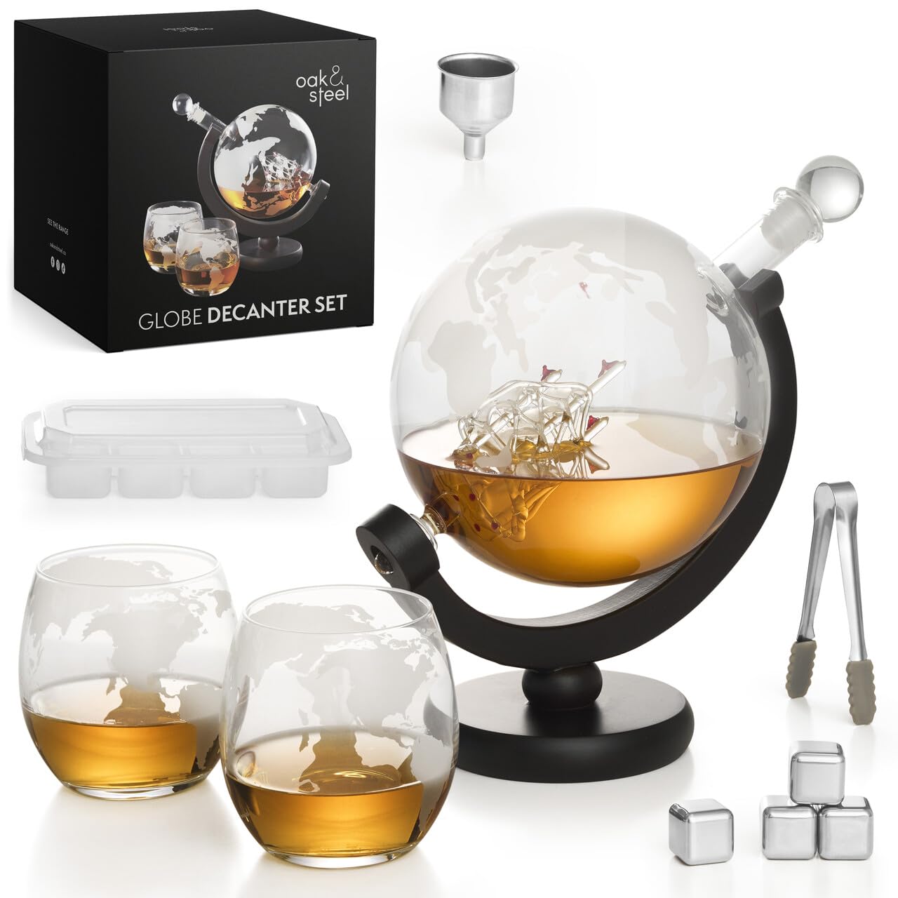 Oak & Steel - Large 1500ml World Globe Whiskey Decanter Sets for Men - Wine Decanter Set with Glasses of 2, Whiskey Stones, Ice Tong & Stand for Whiskey, Bourbon, Vodka, Tequila - Ideal Gifts for Men