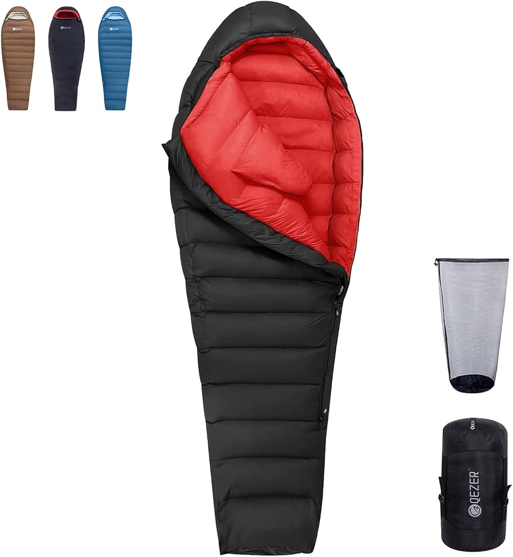 QEZER Winter Sleeping Bag for Adults 650FP Duck Down -20C Lightweight 1500g