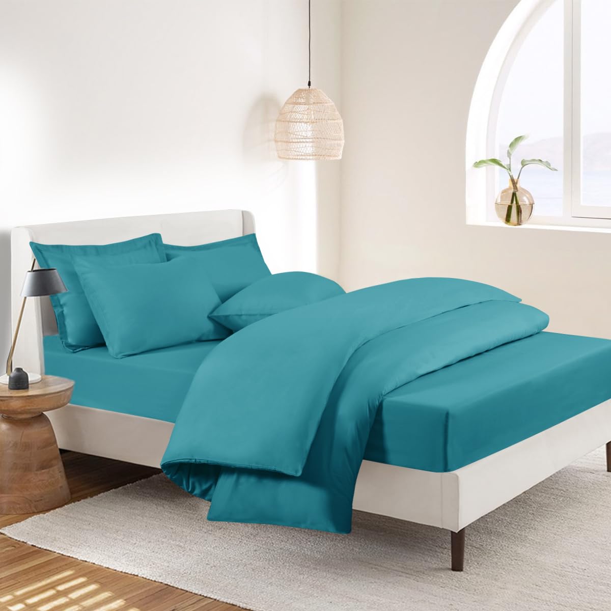 RUIKASI Bedding Double Bed Sets - 4 Piece Bedding Set Double Bed, Deep Pocket Fitted Sheet and Duvet Cover with Pillow cases, Soft Microfiber Duvet Set with Zipper, Teal