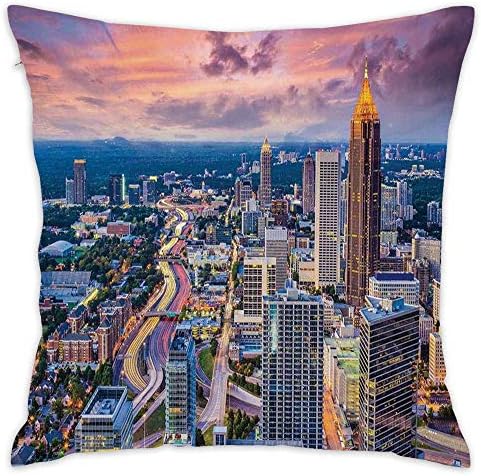 Hwensona Modern,Atlanta City Skyline at Sunset with Hazy Light Georgia Town American View,Baby Pink Blue Silver Throw Pillow Covers Decorative for Pillows - Couch, Home Decor 18"x18" inches