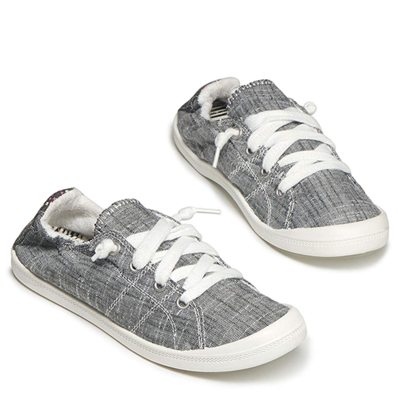 FIRENGOLI Women\'s Slip On Trainers Casual Sneakers Lace Up Flat Shoes Canvas Loafers (5 UK,Grey)