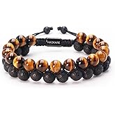 HASKARE Tigers Eye Crystal Bracelets for Men, Energy Beads Bracelet Real Tigers Eye Lava Rock Gemstone, Handmade Protection Crystal Bracelet Mens Bracelets Father Christmas Gift for Men Anxiety Relax