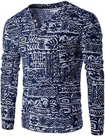 Sweetly Mens V Neck African?Print Linen Cotton Slim Tee Shirts Tops Dark Blue M