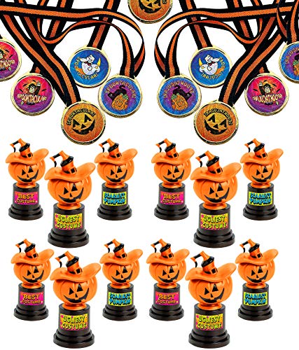 Bulk 12 Halloween Jack-O-Lantern Costume Contest Award Trophies With 12 Spooktacular Halloween Award Medals, Stickers Included, Party Supplies for Kids, By 4E's Novelty