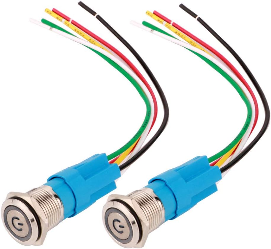 Gebildet 2 Piezas 16mm Enclavamiento Pulsador de Botón Metálico Interruptores Acero Inoxidable Impermeable Plana Top ON/Off 12V-24V 5A Pulsador con Enchufe de Cable(LED Verde)