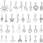 DICOSMETIC 32Pcs Clip on Charm Assorted Animal Dangle Charms with Clasp Antique Silver Flower Leaf Bracelet Charms Vintage Alloy Moon Charm Stitch Marker Charm for DIY Jewelry Making Crafts Decoration