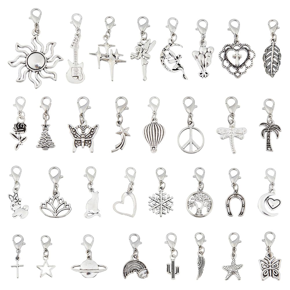 DICOSMETIC 32Pcs Alloy Clip On Bracelet Charms Assorted Dangle Charms with Clasps Jewelry Accessories for DIY Earrings Necklace Crafts Decoration, Antique Silver & Platinum