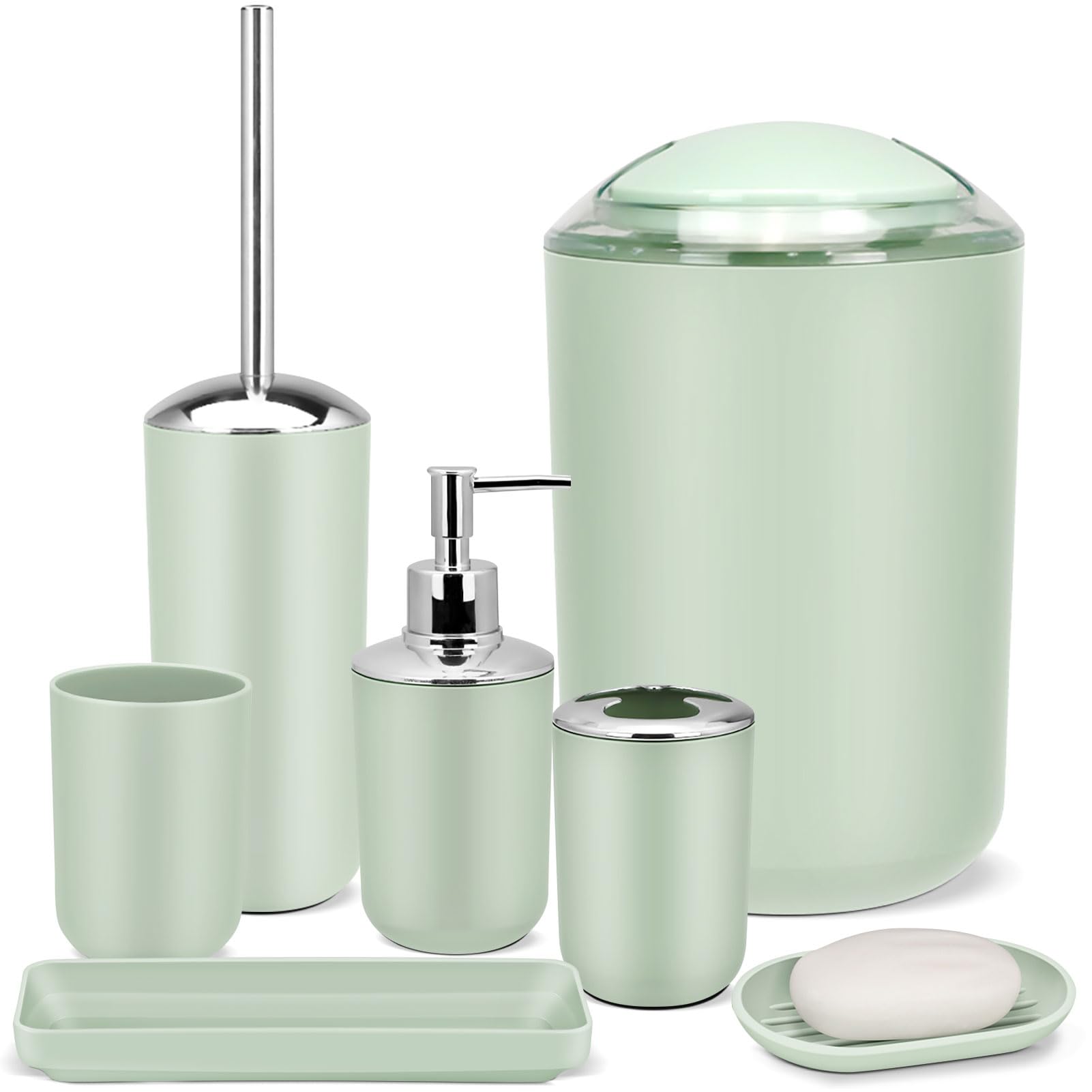 IMAVO Bathroom Accessory Set - 6 Piece Green Bathroom Accessories Set with Trash Can, Soap Dispenser, Soap Dish, Toothbrush Holder & Cup, Toilet Brush Holder, Bathroom Decor Sets Accessories Complete