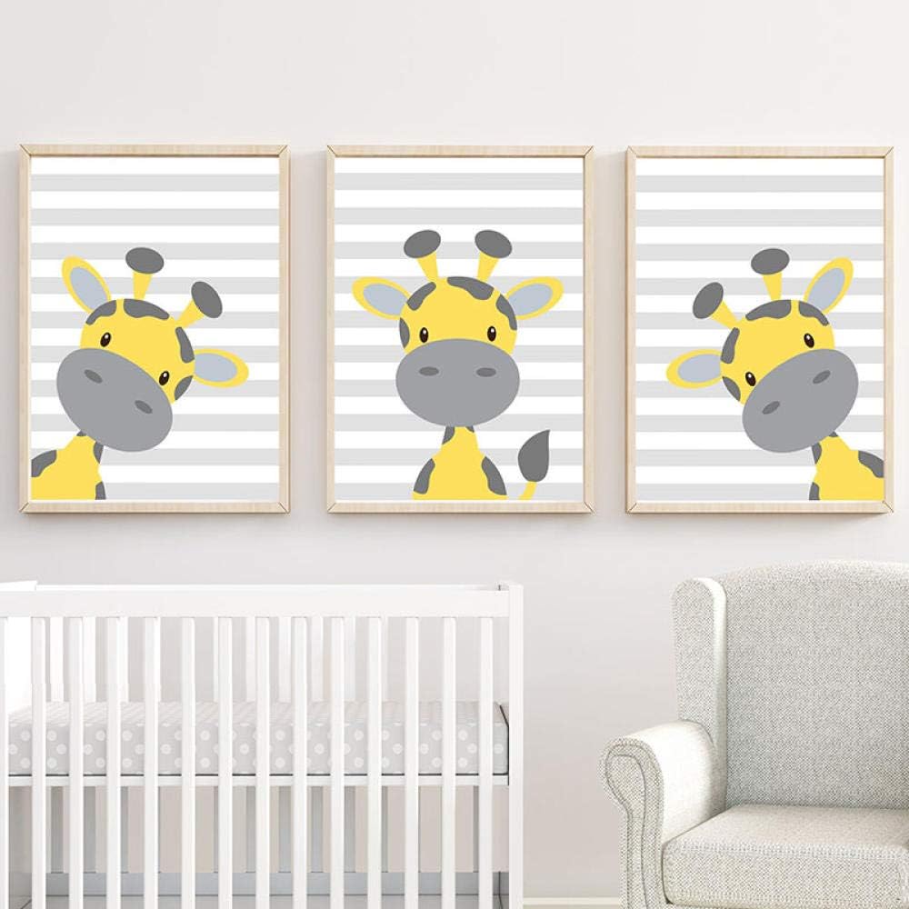 Nobrand Bebe Girafe Pepiniere Art Nordique Affiche Dessin Anime Enfants Jaune Et Gris Peinture Murale Animal Toile Peinture Enfants Chambre Decor 50 Cm X 75 Cm X 3 Pcs Sans Cadre Ameublement Et