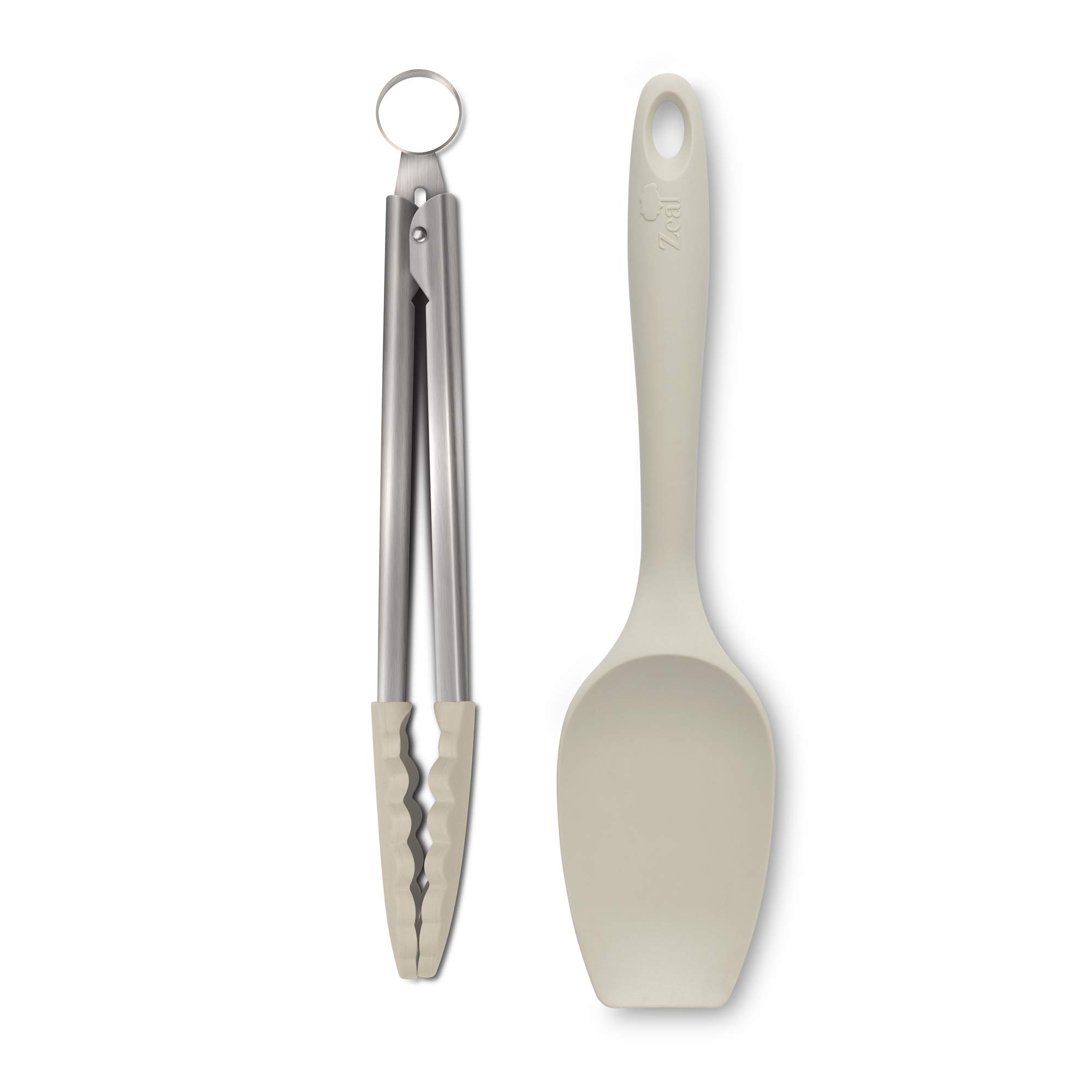 Zeal JSET11C Non-Stick Silicone Large Spatula Spoon & Cooking Tongs 2-Piece Set-Cream