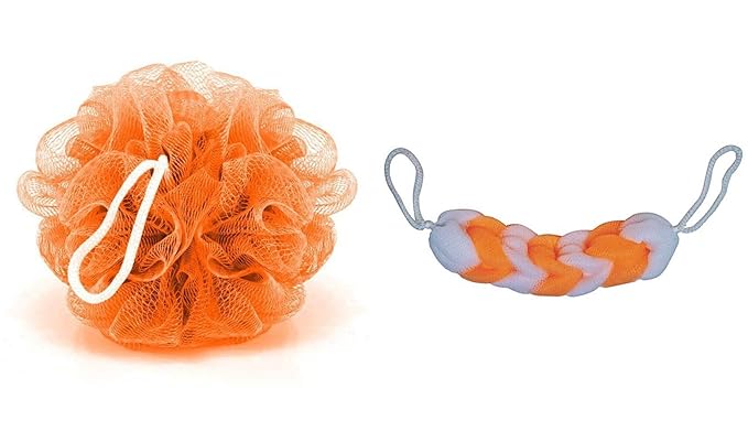 KRIWIN Combo of 1 Orange Bath Loofah and 1 Orange & White Sponge Scrub for Back(orangeloofahorangewhitescrub)