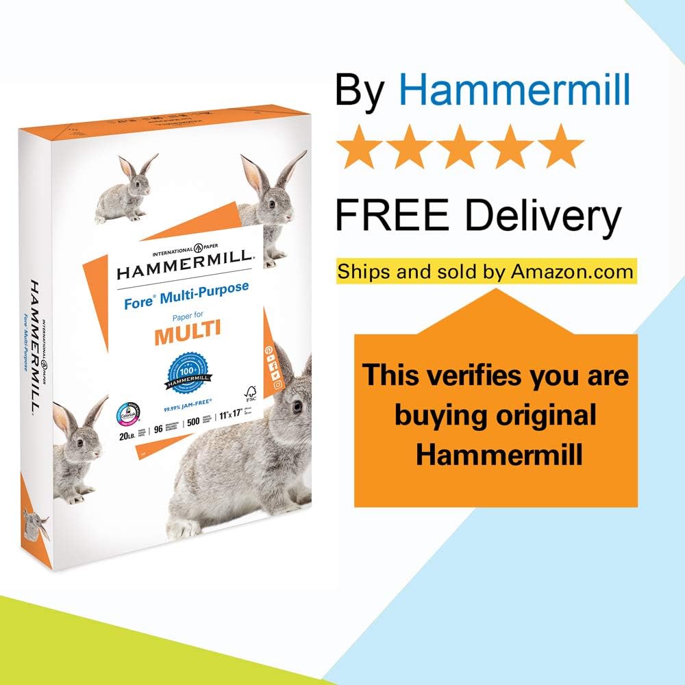 Hammermill Fore Multi-Purpose 20lb Copy Paper, 11 x 17, 1 Ream, 500 Sheets, Made in USA, Sustainably Sourced From American Family Tree Farms, 96 Bright, Acid Free, Economical Printer Paper, 103192R : Office Products