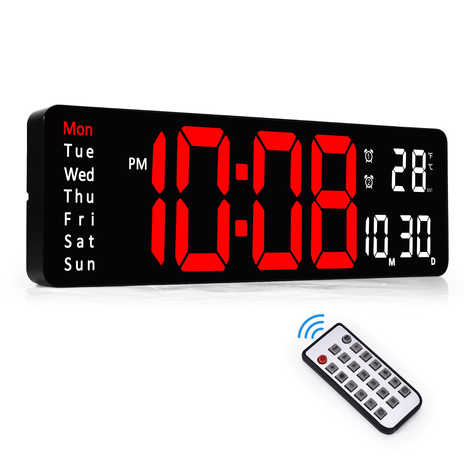 Sukeen Digital Wall Clock, 13" Digital Clock Wall Clock Digital Alarm Clock with Remote Control/Count Up & Down/10-Level Dimming/Dual Alarm/Date/Temperature for Home, Gym, Office, Garage-Red