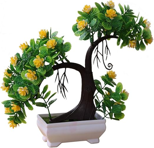 Amazon Com Yington Mini Artificial Bonsai Tree Indoor Bonsai Tree Kit Will Not Faded Doesn T Need Watering Potted Home Decor Office Yellow Home Kitchen