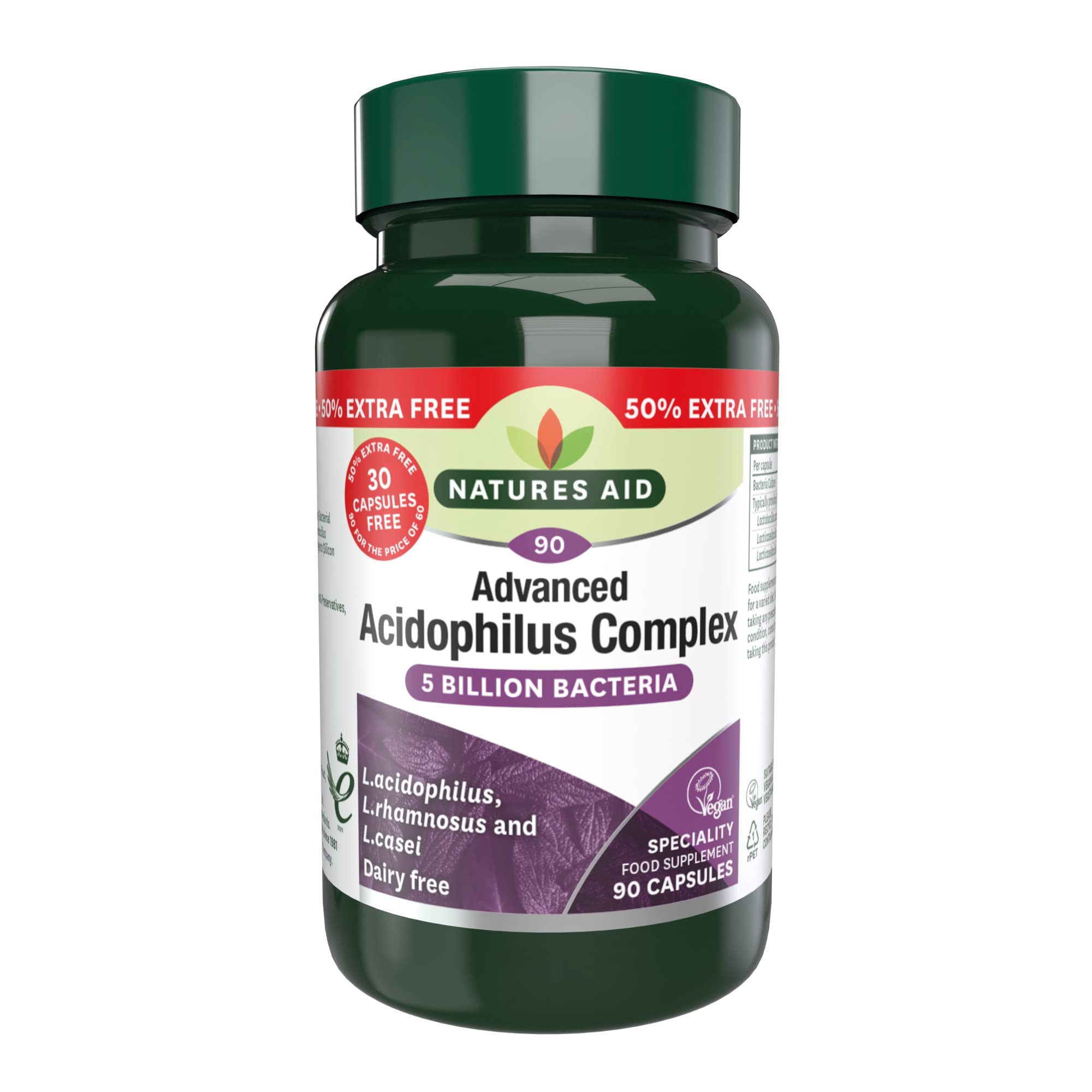 Natures Aid Acidophilus Complex 5 Billion Bacteria CFU – High Strength Supplement Lactobacillus Acidophilus Rhamnosus Casei Supports Digestive & Immune Health – Vegan Gluten-Free Non-GMO 90 Capsules